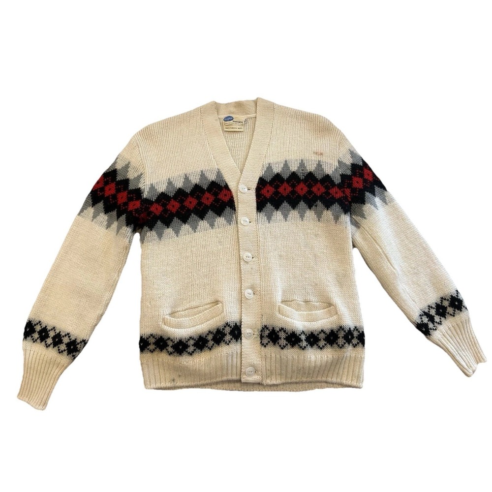 VNTG Men's 60s 100% Virgin Wool Pilgrim Button Up Sweater Sz S Argyle USA FLAWS